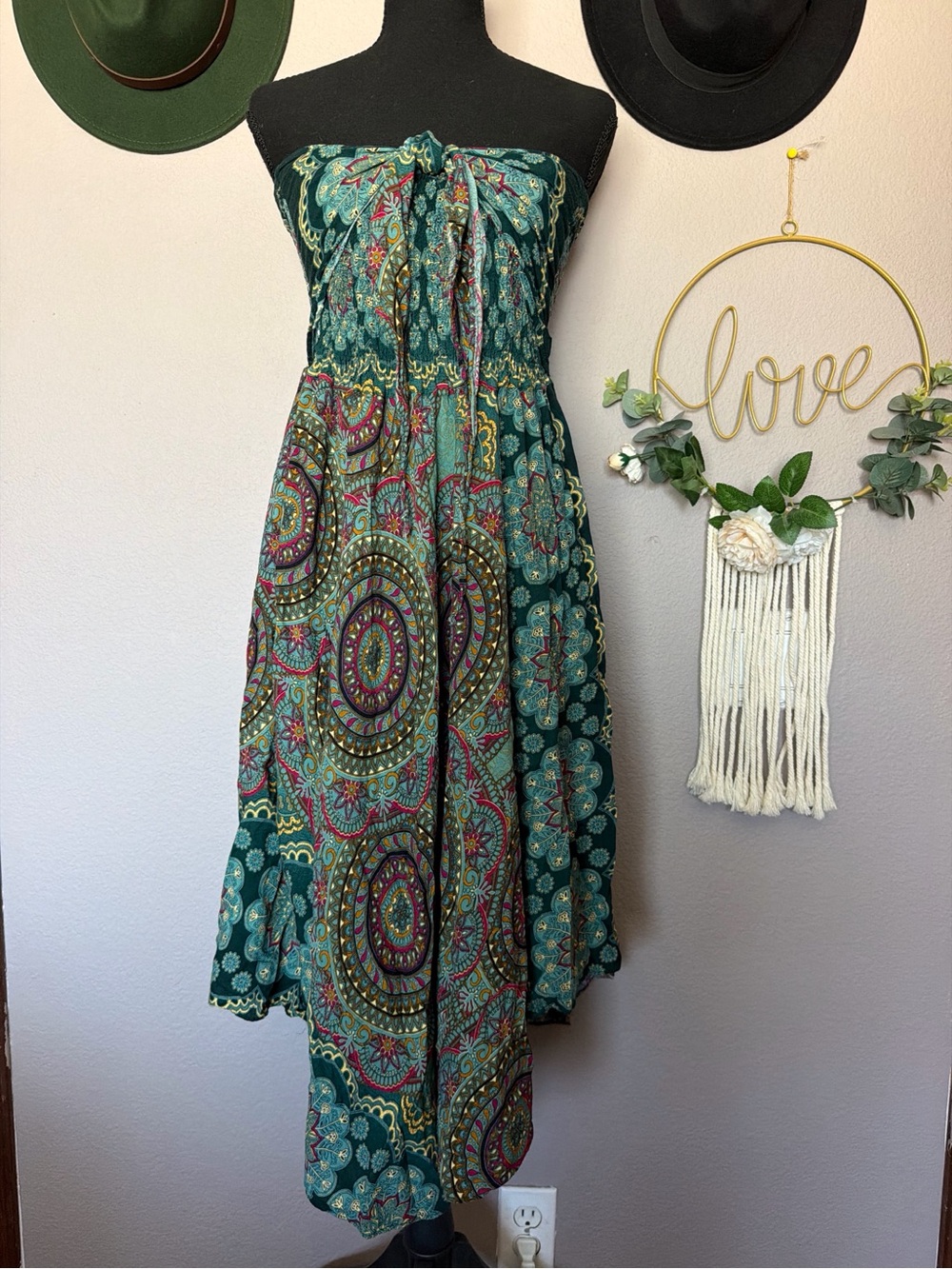 Bohemian Teal Strapless Midi Dress with Smocked Bodice